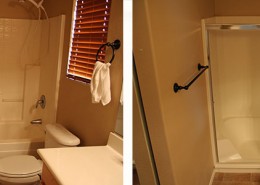 Full cut fiberglass tub with rain shower door
